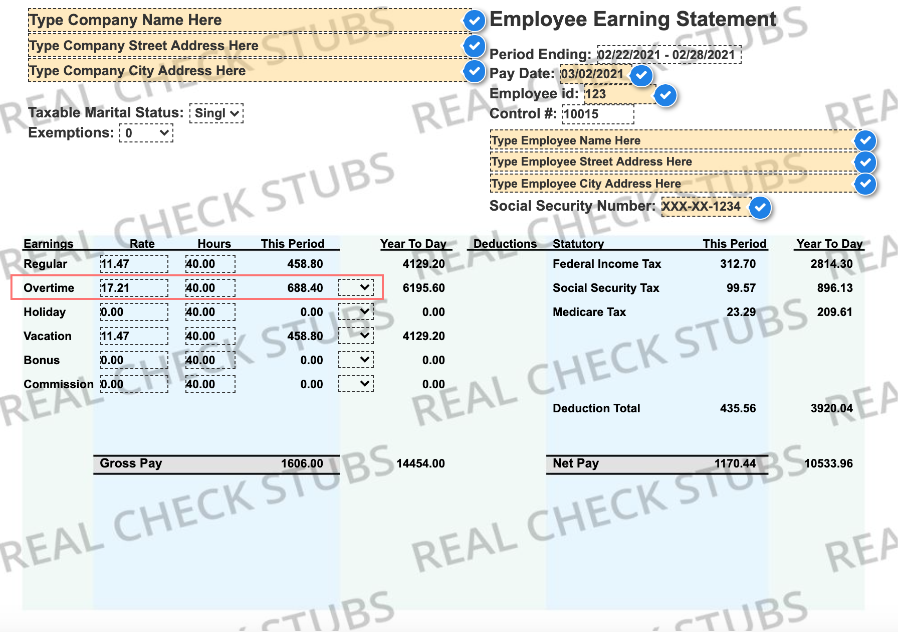 Advanced Pay Stub Template with overtime